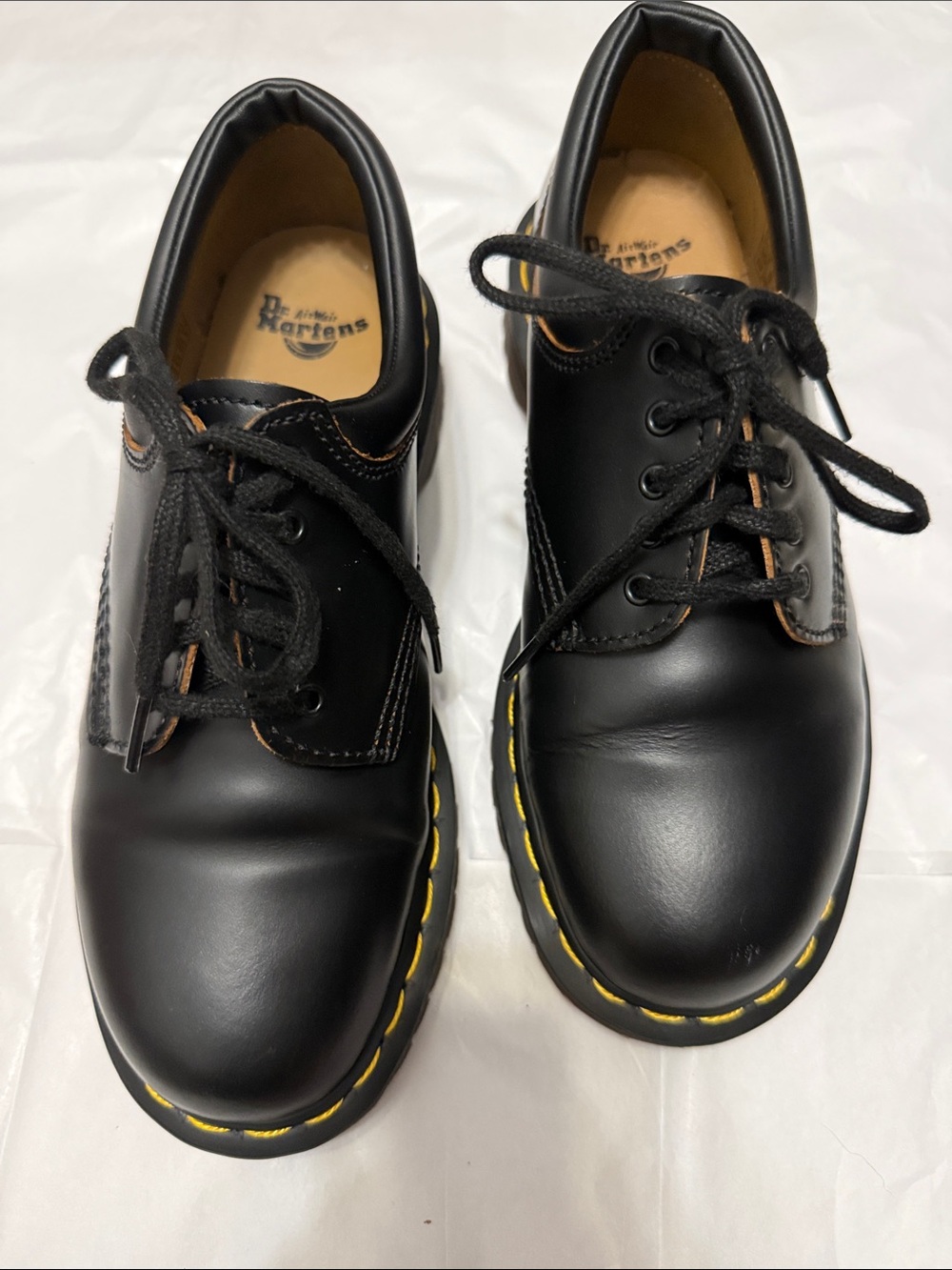 Dr. Martens 8053 Black Leather Lace-Up Oxfords with Yellow Stitching